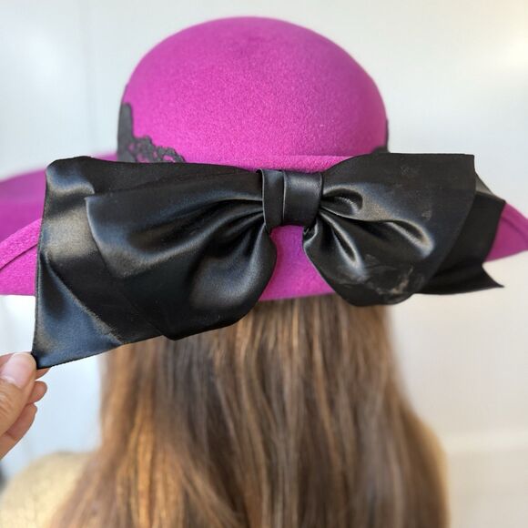 NEW VTG Fedora Wide Brim Hat Wool Lace Satin Bow Fuschia Pink Whimsigoth Wedding - Picture 8 of 16